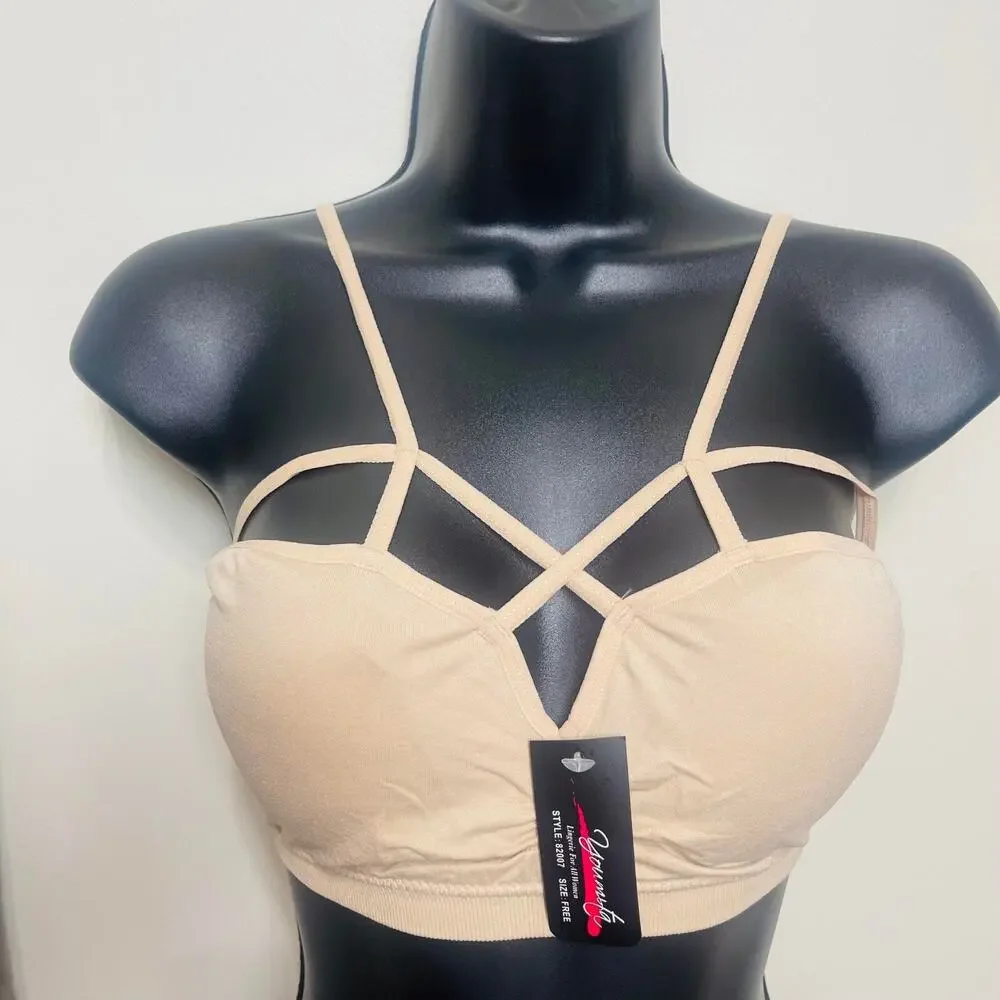 Youmita Seamless Bralette Criss-Cross Front, Free Size Fits S - L, Beige, PADDED